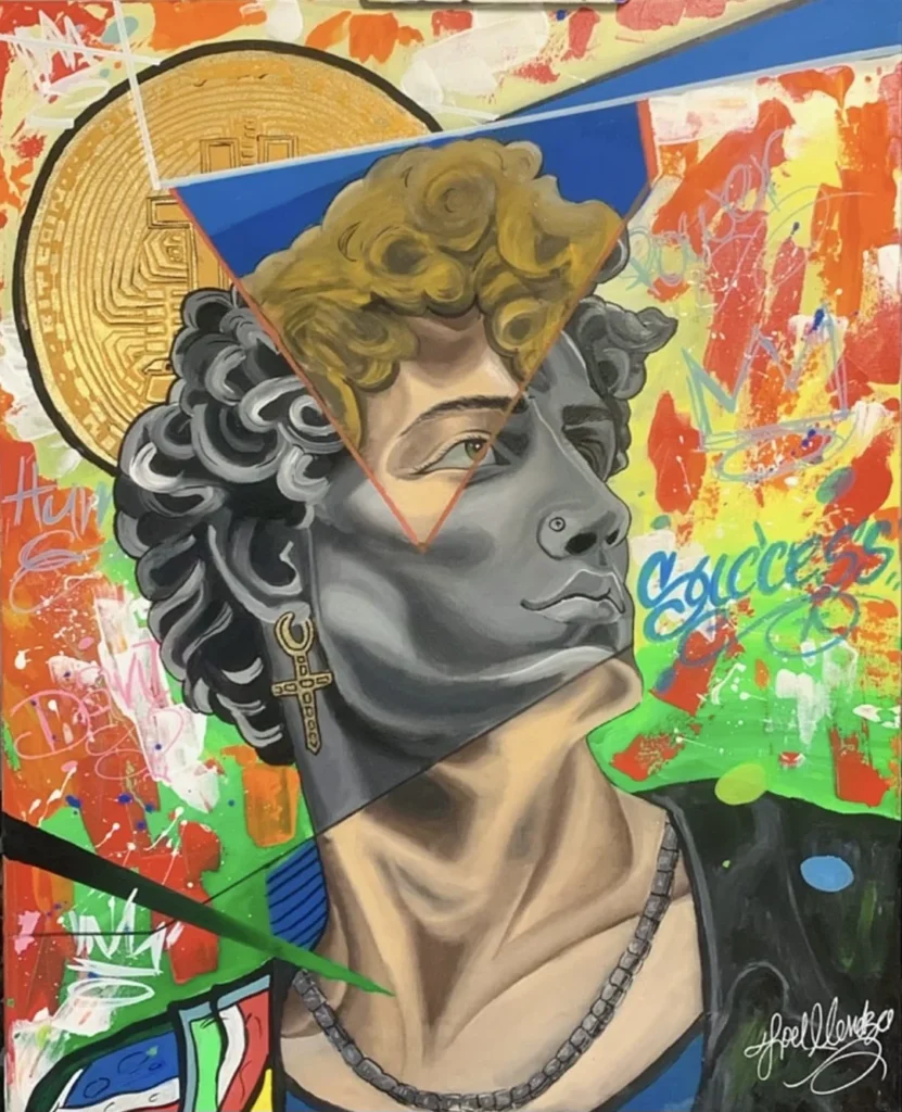 This modern twist on a classical statue combines art, technology, and culture. The figure is juxtaposed with a Bitcoin halo and vibrant geometric shapes, symbolizing the intersection of tradition and innovation. The bold colors and graffiti-style background reflect the energy of success in the digital age. It’s a powerful statement on the fusion of the old and the new, where art meets cryptocurrency.