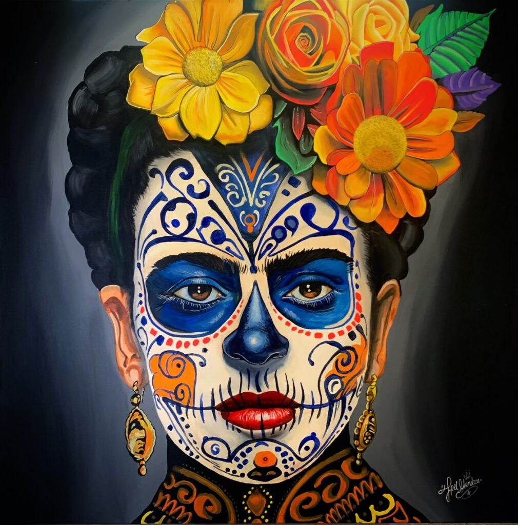 This striking artwork blends the iconic image of Frida Kahlo with Día de los Muertos (Day of the Dead) face paint, honoring Mexican culture and tradition. The vibrant flowers in her hair and the intricate patterns on her face create a powerful and colorful tribute to both life and death. It’s a beautiful fusion of art, history, and celebration.