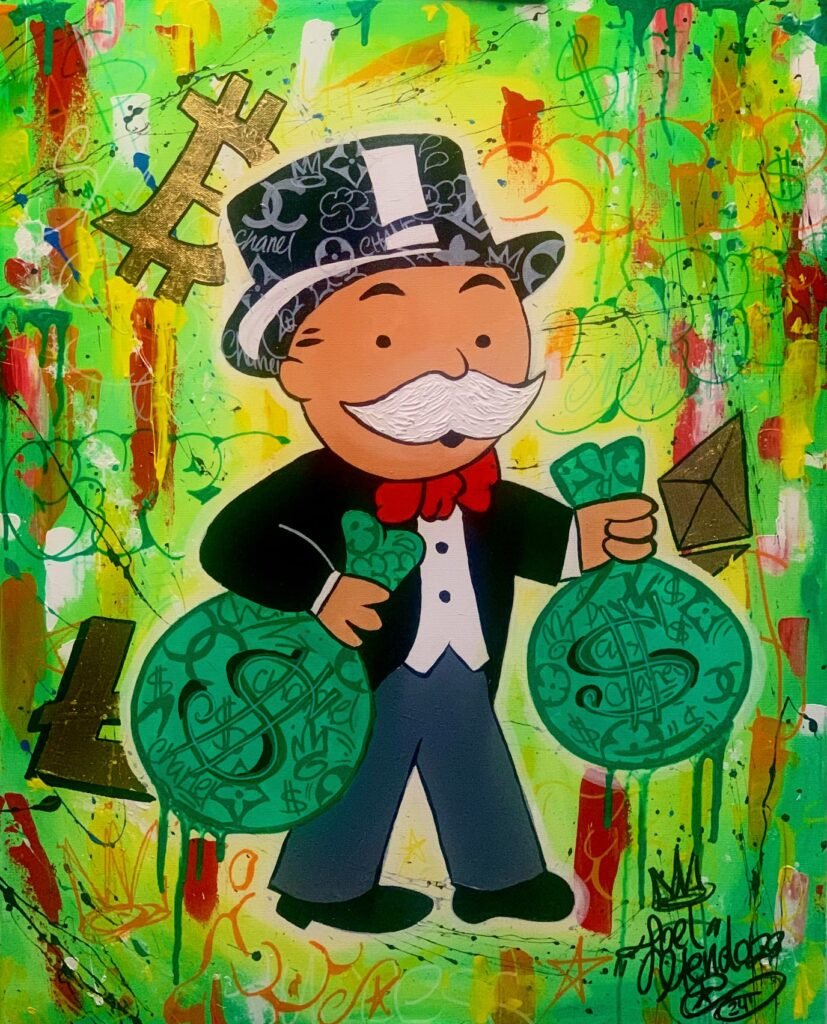 This vibrant artwork portrays the iconic Monopoly man holding two large bags of cash, dressed in his signature suit and top hat with a luxurious twist. The background bursts with energetic colors and symbols, emphasizing wealth and success. It's a fun and lively piece that playfully celebrates the pursuit of financial dreams.