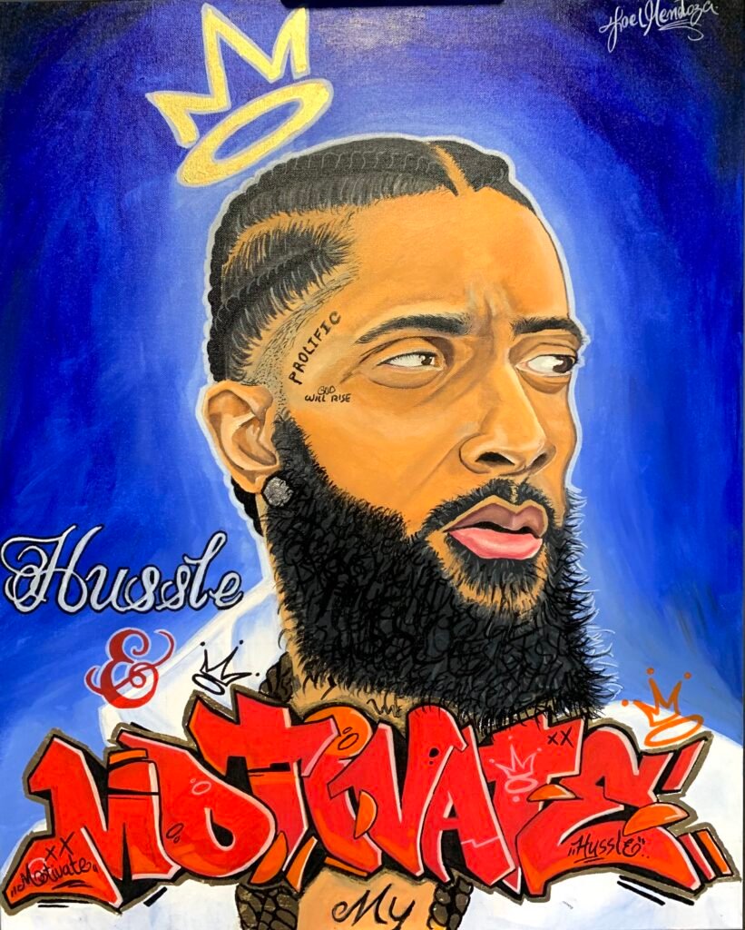 This impactful artwork is a tribute to Nipsey Hussle, blending realism with vibrant graffiti elements. The crown and halo above his head symbolize his lasting influence and legacy. The words "Hussle & Motivate" encapsulate his philosophy of hard work and inspiration, making this piece both a celebration of his life and a motivational message for all.