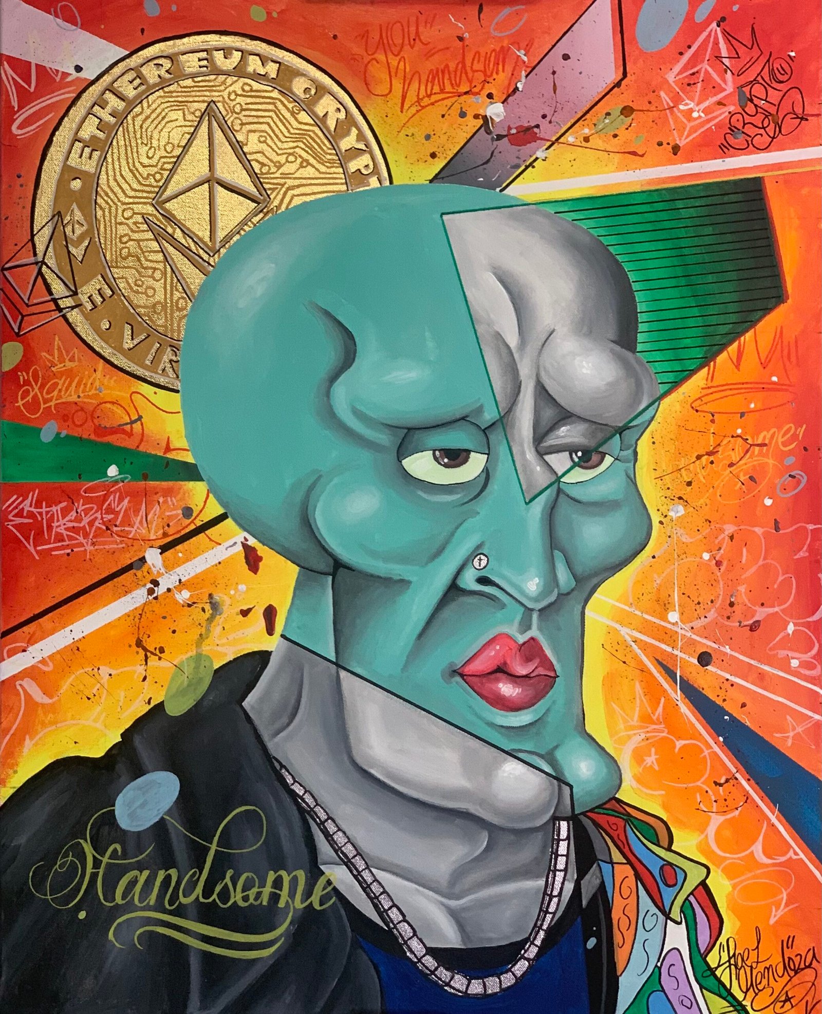 This playful artwork combines humor and modern culture, featuring a stylized character with exaggerated features and a cool, confident expression. The background, adorned with graffiti and a large Ethereum coin, ties in elements of the digital world, blending the future of finance with street art. The word "Handsome" adds a touch of irony, making this piece both fun and thought-provoking.