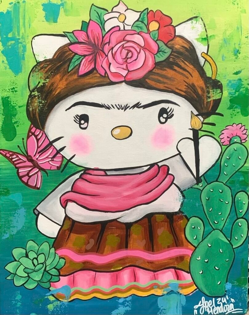 This playful artwork merges the iconic style of Frida Kahlo with the beloved Hello Kitty character. Dressed in vibrant colors with a flower crown and holding a paintbrush, "Frida Kitty" captures the essence of creativity and cultural pride in a fun and whimsical way. It's a delightful fusion of two cultural icons, radiating charm and inspiration.