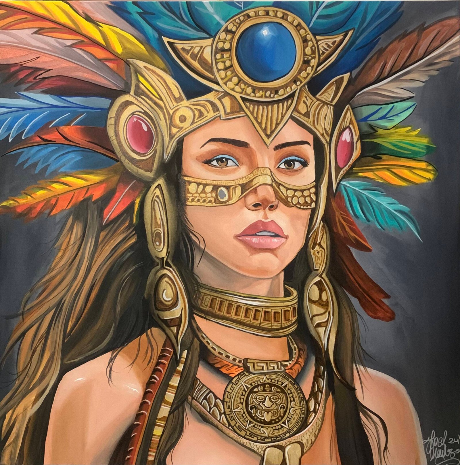 This stunning artwork portrays a powerful woman adorned in traditional Aztec-inspired armor, complete with a vibrant feathered headdress and intricate gold details. Her strong gaze and regal stance symbolize strength, beauty, and heritage. It’s a tribute to the spirit of ancient warrior queens, blending culture and elegance in a captivating way.