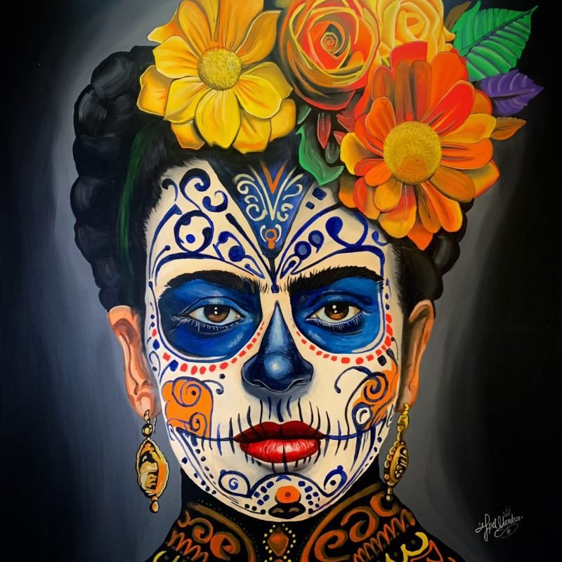 This striking artwork blends the iconic image of Frida Kahlo with Día de los Muertos (Day of the Dead) face paint, honoring Mexican culture and tradition. The vibrant flowers in her hair and the intricate patterns on her face create a powerful and colorful tribute to both life and death. It’s a beautiful fusion of art, history, and celebration.