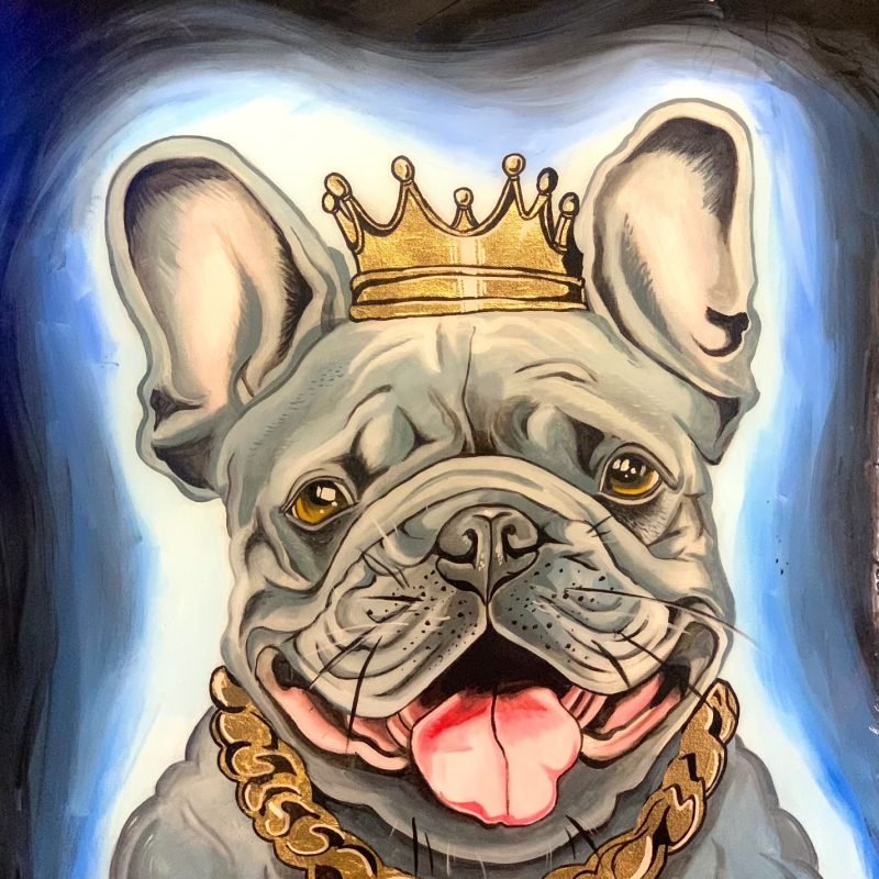 This playful artwork features a regal bulldog wearing a gold crown and matching chain, exuding confidence and charm. With its tongue out and a joyful expression, the piece blends humor and royalty, making the pup the undeniable king of the scene. The bold colors and detailed lines give this artwork a fun and uplifting vibe, perfect for any dog lover.