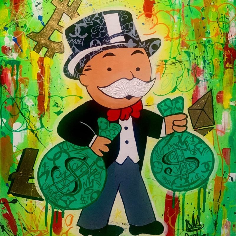 This vibrant artwork portrays the iconic Monopoly man holding two large bags of cash, dressed in his signature suit and top hat with a luxurious twist. The background bursts with energetic colors and symbols, emphasizing wealth and success. It's a fun and lively piece that playfully celebrates the pursuit of financial dreams.