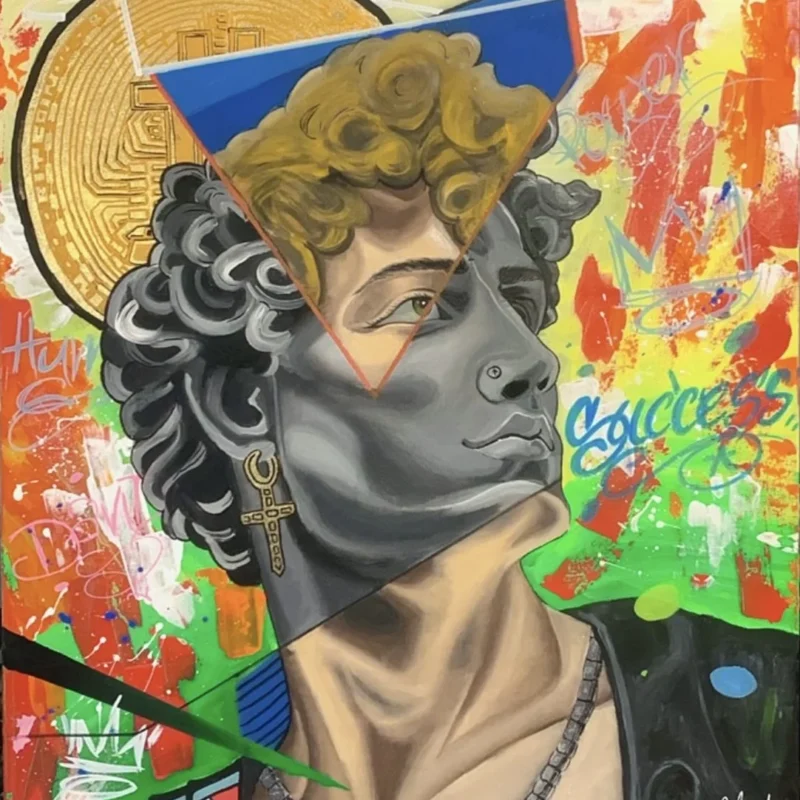 This modern twist on a classical statue combines art, technology, and culture. The figure is juxtaposed with a Bitcoin halo and vibrant geometric shapes, symbolizing the intersection of tradition and innovation. The bold colors and graffiti-style background reflect the energy of success in the digital age. It’s a powerful statement on the fusion of the old and the new, where art meets cryptocurrency.