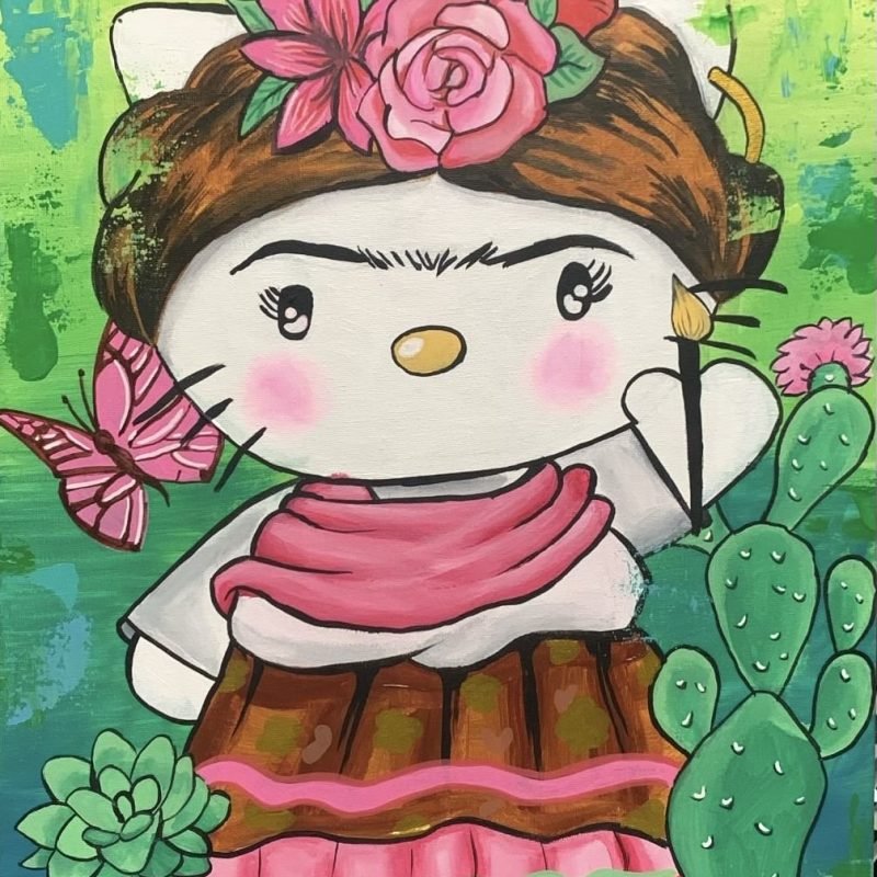 This playful artwork merges the iconic style of Frida Kahlo with the beloved Hello Kitty character. Dressed in vibrant colors with a flower crown and holding a paintbrush, "Frida Kitty" captures the essence of creativity and cultural pride in a fun and whimsical way. It's a delightful fusion of two cultural icons, radiating charm and inspiration.