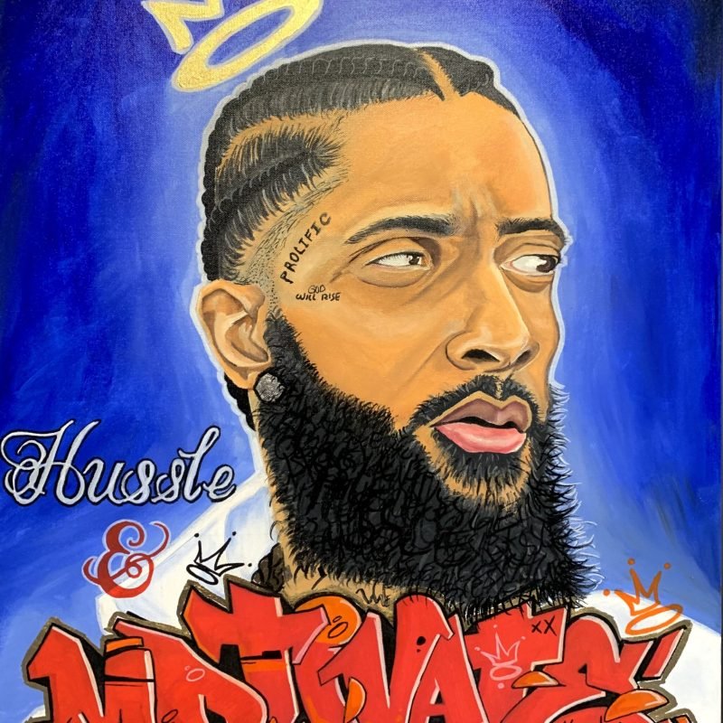 This impactful artwork is a tribute to Nipsey Hussle, blending realism with vibrant graffiti elements. The crown and halo above his head symbolize his lasting influence and legacy. The words "Hussle & Motivate" encapsulate his philosophy of hard work and inspiration, making this piece both a celebration of his life and a motivational message for all.